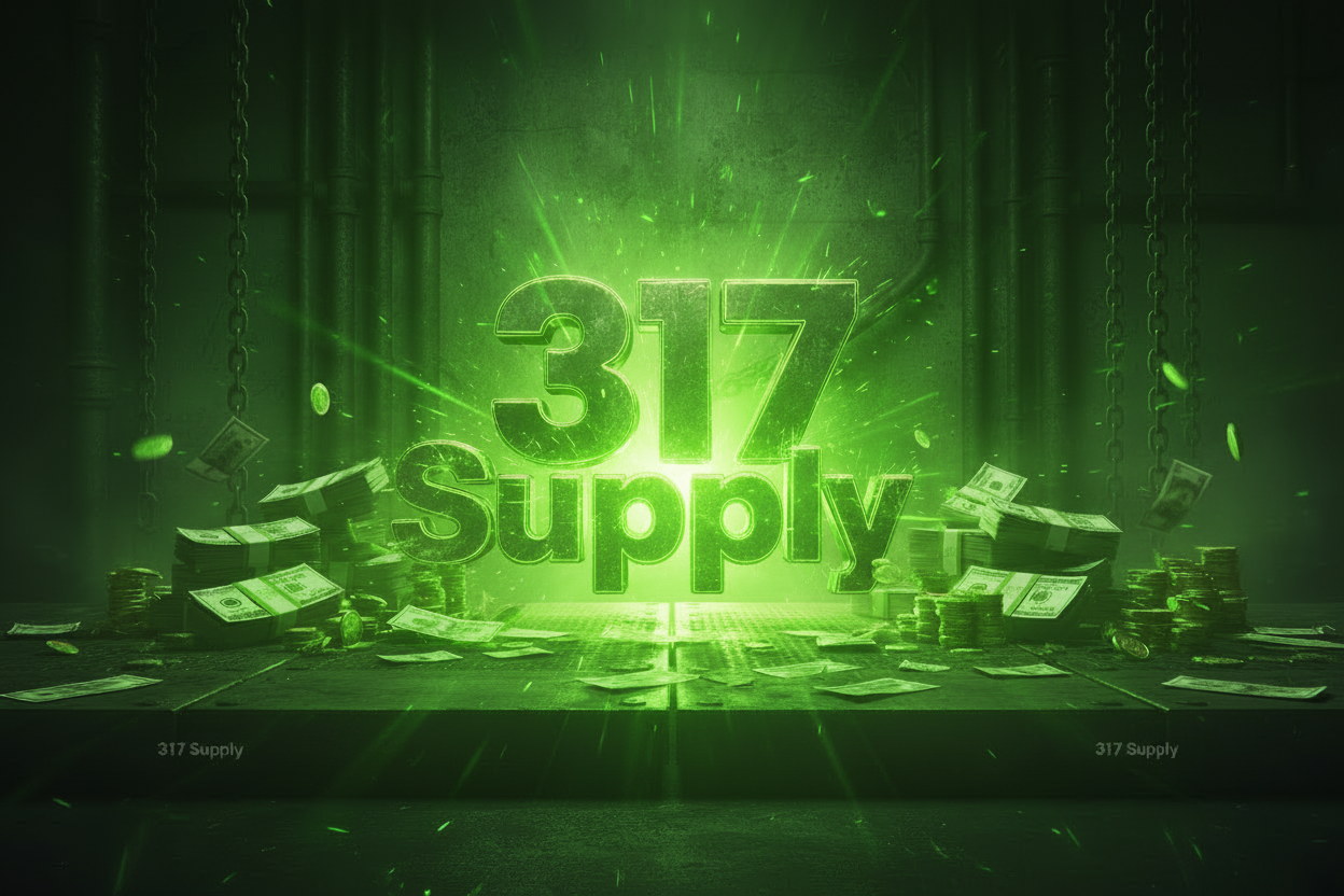 317 Supply logo with green glowing text and money-themed design